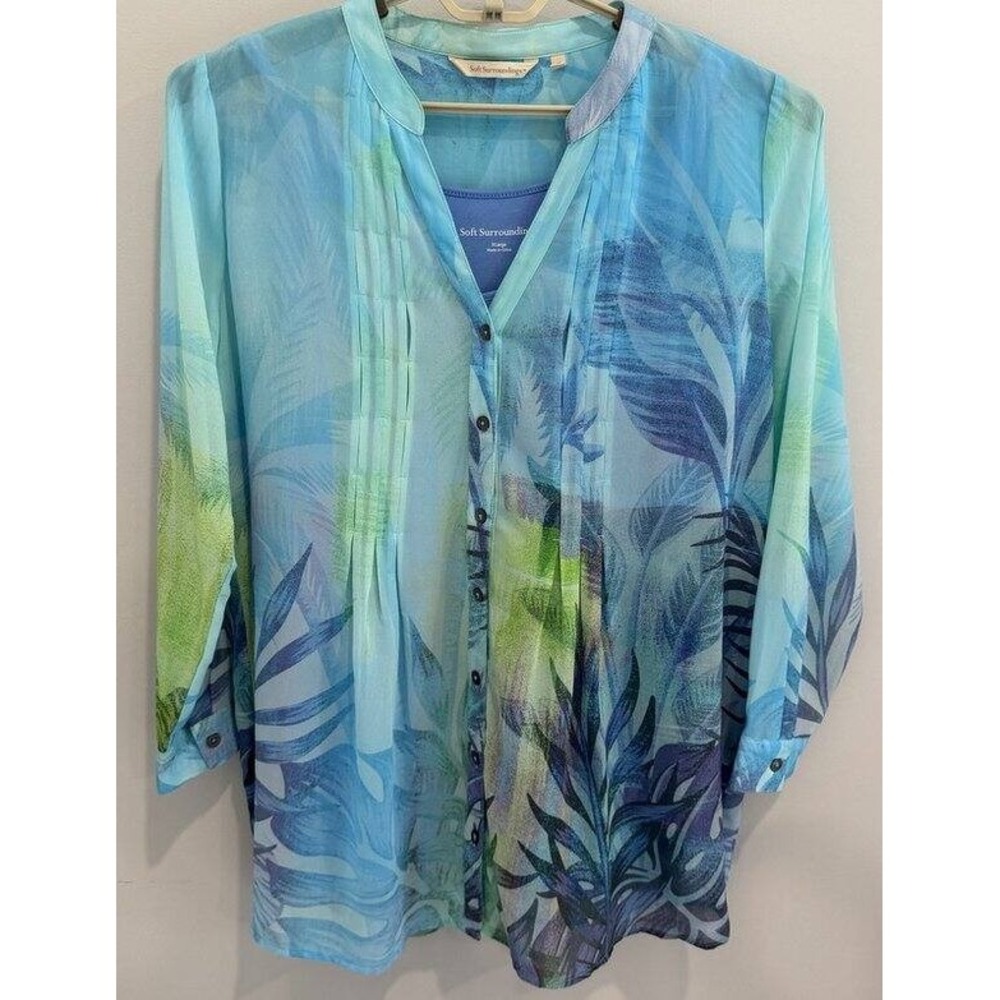 Soft Surroundings 2pc Pintuck Tunic Top Blue Print Layering Tank Long Sleeve XL